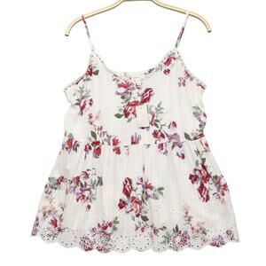 NWT Maurices Babydoll Cami Top M White Floral Embroidered Eyelet Lace Trim Boho